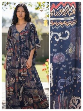 Go Softly Patio Maxi Dress Kaftan Mumu Sz Small Boho Flowy Blue Housedress